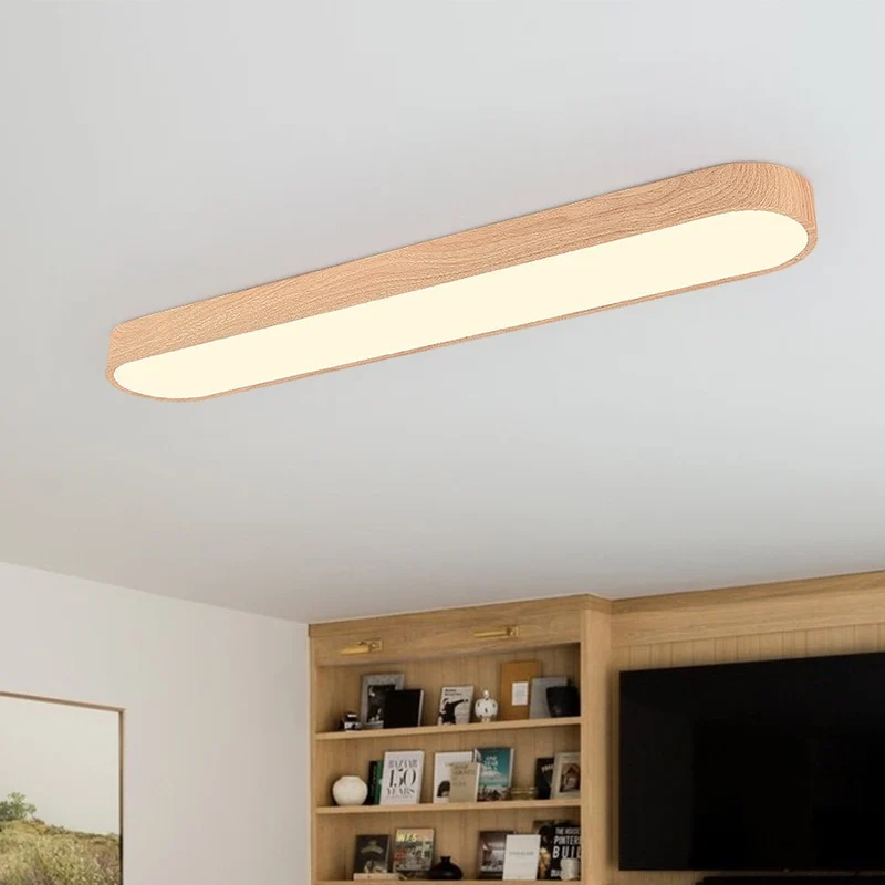 Plafondlamp 90 cm Langwerpig LED Houtlook Metaal Koel Wit Schuin Plafond | Sansoti