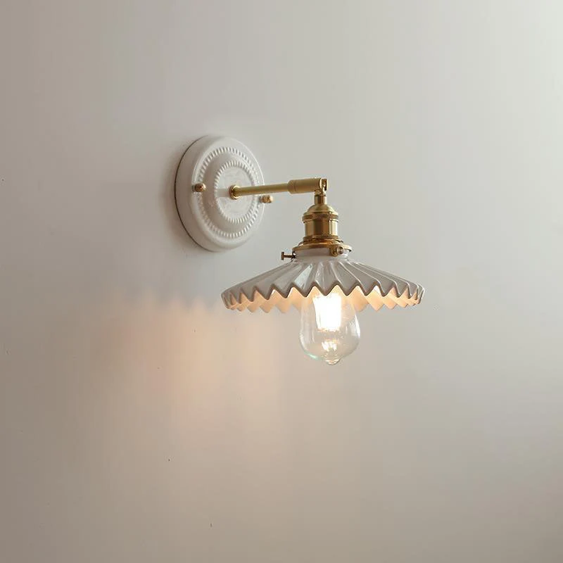 Wandlamp Vintage Plissé Kap Messing Arm Keramiek Slaapkamer Woonkamer Studeerkamer Sfeerverlichting Retro | Sansoti
