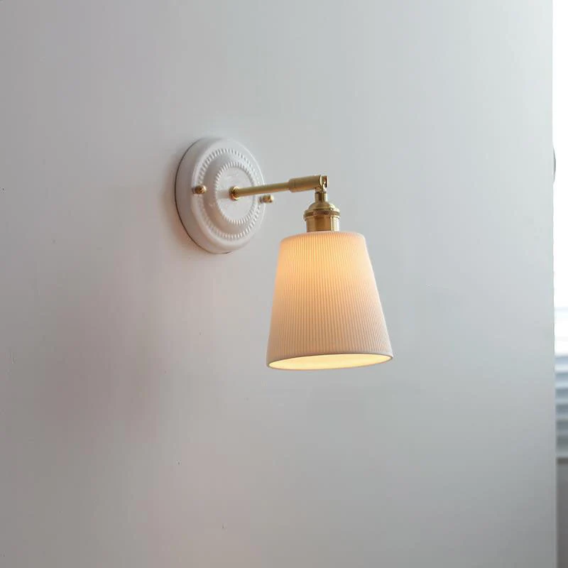 Wandlamp Vintage Plissé Kap Messing Arm Keramiek Slaapkamer Woonkamer Studeerkamer Sfeerverlichting Retro | Sansoti