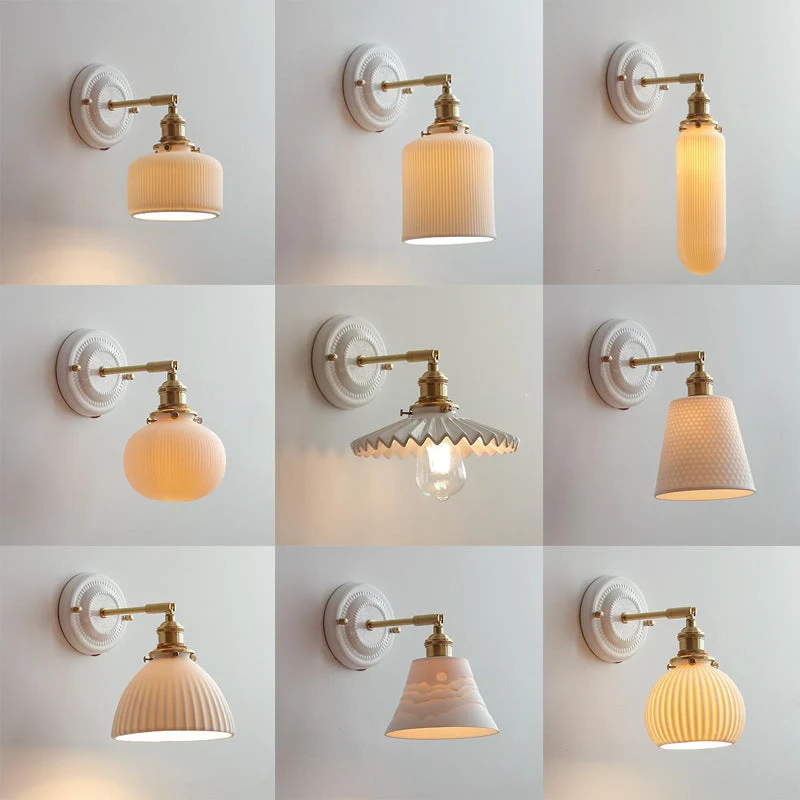 Wandlamp Vintage Plissé Kap Messing Arm Keramiek Slaapkamer Woonkamer Studeerkamer Sfeerverlichting Retro | Sansoti