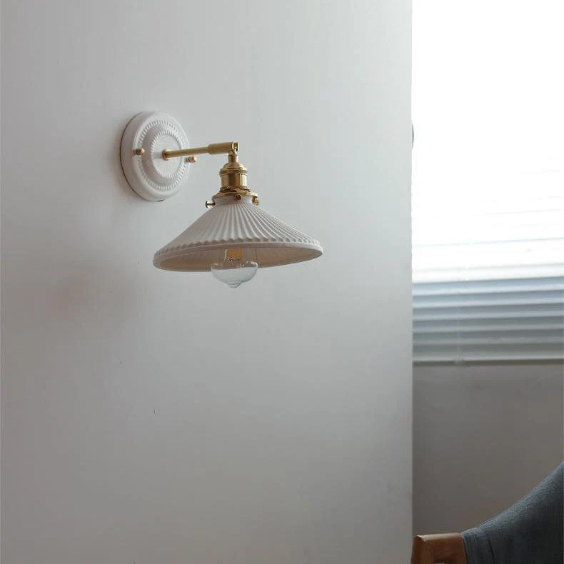 Wandlamp Vintage Plissé Kap Messing Arm Keramiek Slaapkamer Woonkamer Studeerkamer Sfeerverlichting Retro | Sansoti