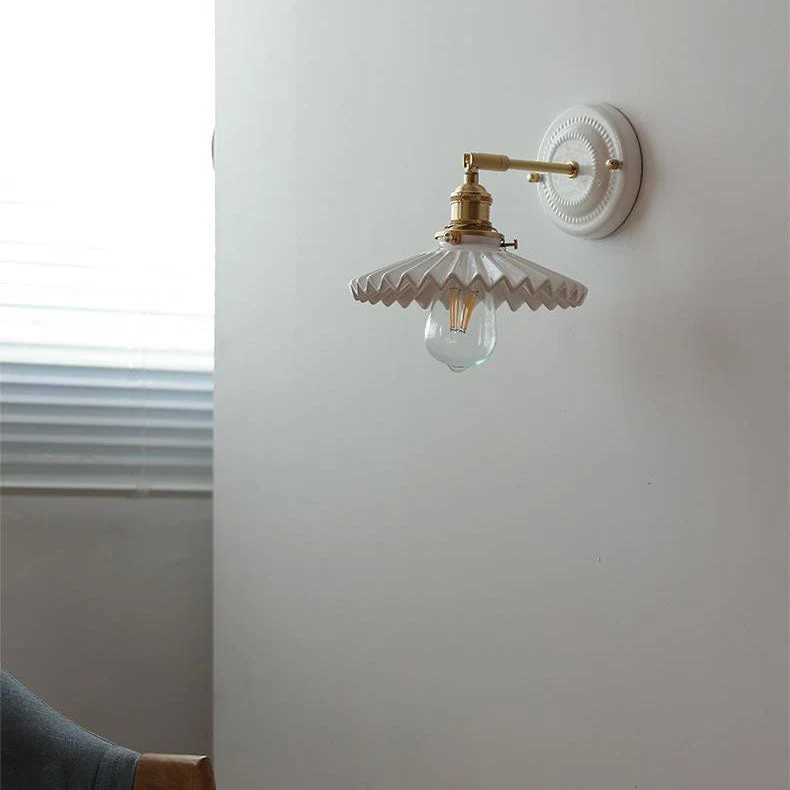 Wandlamp Vintage Plissé Kap Messing Arm Keramiek Slaapkamer Woonkamer Studeerkamer Sfeerverlichting Retro | Sansoti