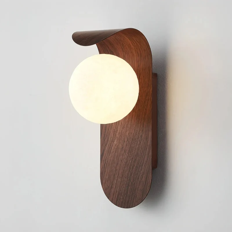 Wandlamp met Bol Kap G9 Fitting Walnoot Hout LED Verlichting Slaapkamer Gang Traphal Warm Licht Japandi Stijl | Sansoti