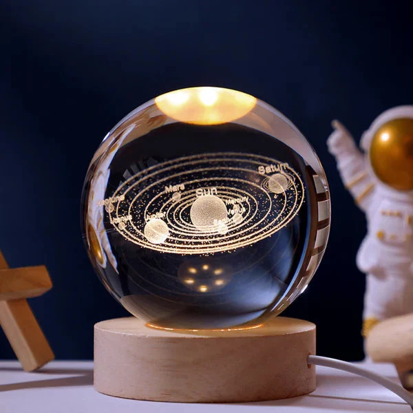 3D Glazen Bol Nachtlampje met Houtvoet USB Led Verlichting Sterrenhemel Planeet Sfeerverlichting Slaapkamer | Sansoti