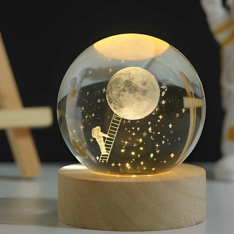 3D Glazen Bol Nachtlampje met Houtvoet USB Led Verlichting Sterrenhemel Planeet Sfeerverlichting Slaapkamer | Sansoti