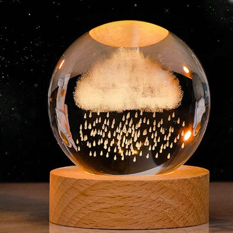 3D Glazen Bol Nachtlampje met Houtvoet USB Led Verlichting Sterrenhemel Planeet Sfeerverlichting Slaapkamer | Sansoti