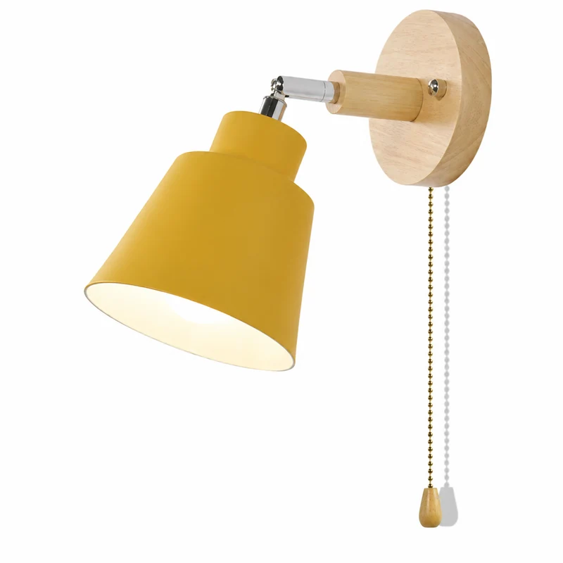 Verstelbare Wandlamp met Trekschakelaar Houten Basis Leeslicht Slaapkamer Nachtkastje Zwenkbaar 180° | Sansoti