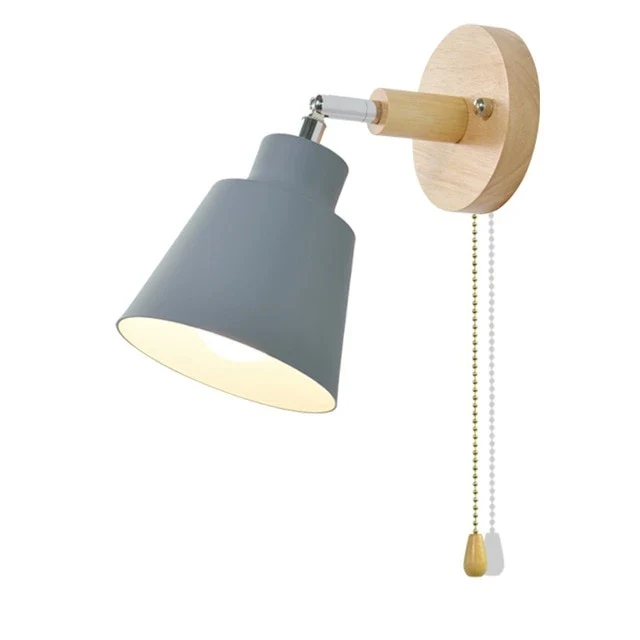 Verstelbare Wandlamp met Trekschakelaar Houten Basis Leeslicht Slaapkamer Nachtkastje Zwenkbaar 180° | Sansoti
