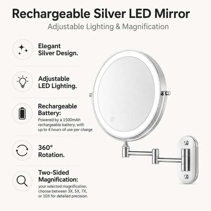 Zilverkleurige Wandspiegel met LED-verlichting en Vergroting voor Badkamer Make-up Verzorging en Scheren | Sansoti
