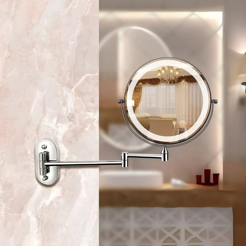 Zilverkleurige Wandspiegel met LED-verlichting en Vergroting voor Badkamer Make-up Verzorging en Scheren | Sansoti