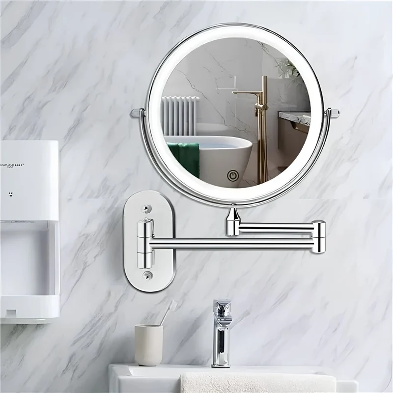 Zilverkleurige Wandspiegel met LED-verlichting en Vergroting voor Badkamer Make-up Verzorging en Scheren | Sansoti