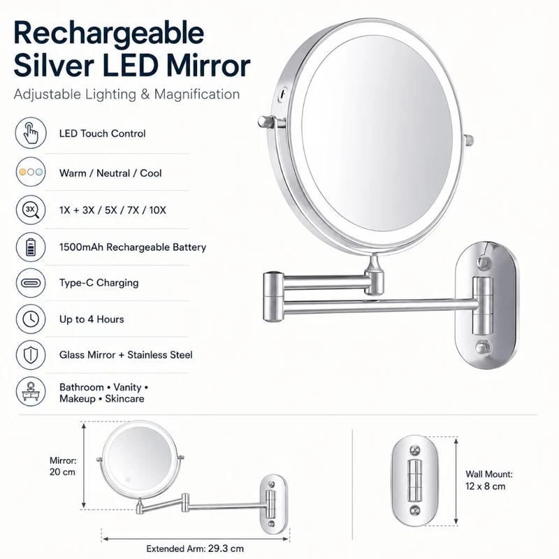 Zilverkleurige Wandspiegel met LED-verlichting en Vergroting voor Badkamer Make-up Verzorging en Scheren | Sansoti