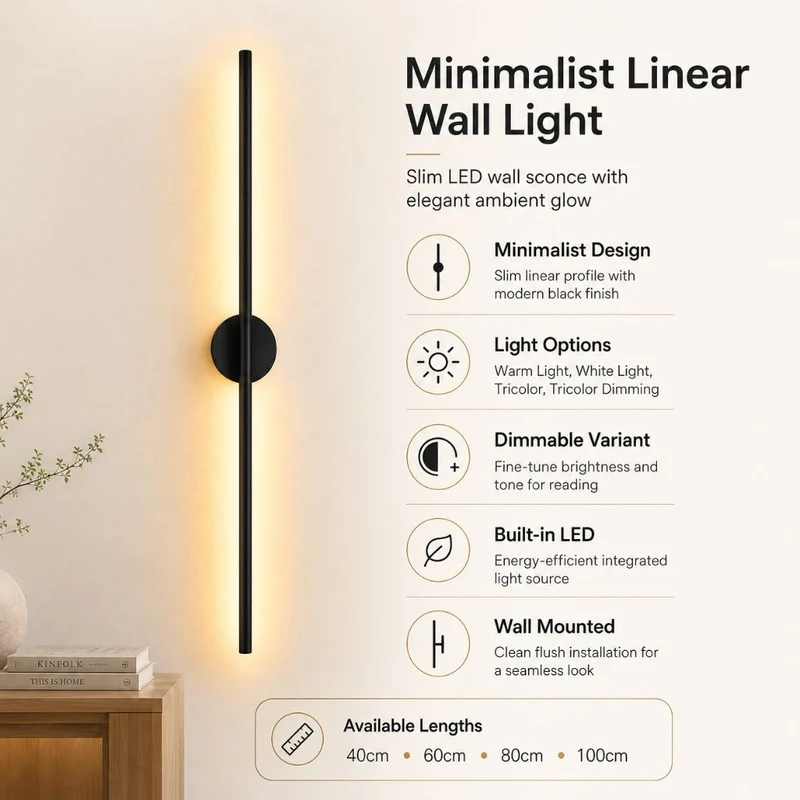 Lineaire Wandlamp LED Zwart Aluminium Mat Smal Design Modern Sfeervol Verlichting voor Slaapkamer Woonkamer Hal | Sansoti