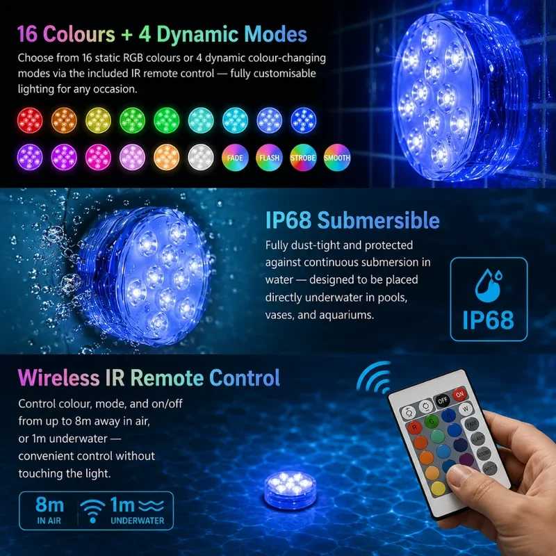 Onderwaterlamp RGB LED 10 Kleuren met Afstandsbediening Zuignap voor Zwembad Vijver Aquarium Decoratieve Verlichting | Sansoti
