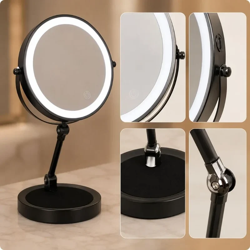 Verlichte Make-up Spiegel 10x Vergroting Dubbelzijdig LED Aanraakbediening Oplaadbaar Draaibaar voor Badkamer | Sansoti