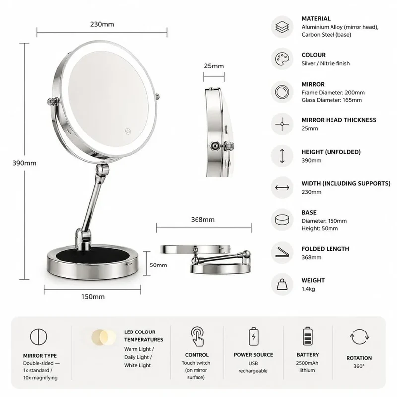 Verlichte Make-up Spiegel 10x Vergroting Dubbelzijdig LED Aanraakbediening Oplaadbaar Draaibaar voor Badkamer | Sansoti