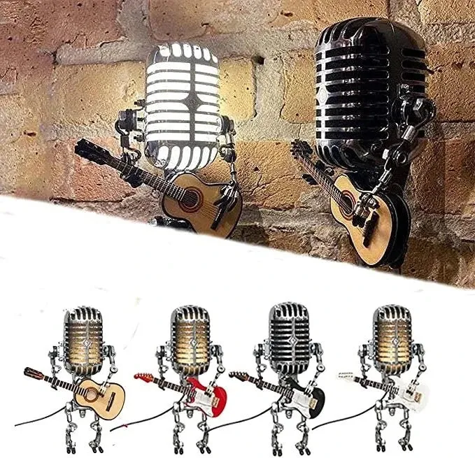 Robotlamp met Microfoon en Gitaar Metaal Vintage Tafellamp Zwart Wit Rood Geel Verstelbaar Muzikant Design | Sansoti