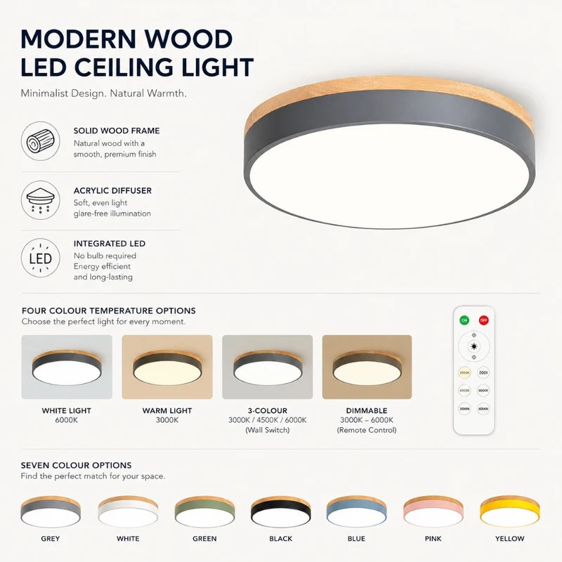 Ronde Houten Plafondlamp met LED Verlichting 30-50cm Dimbaar Warm Wit Licht voor Woonkamer Slaapkamer Eetkamer | Sansoti
