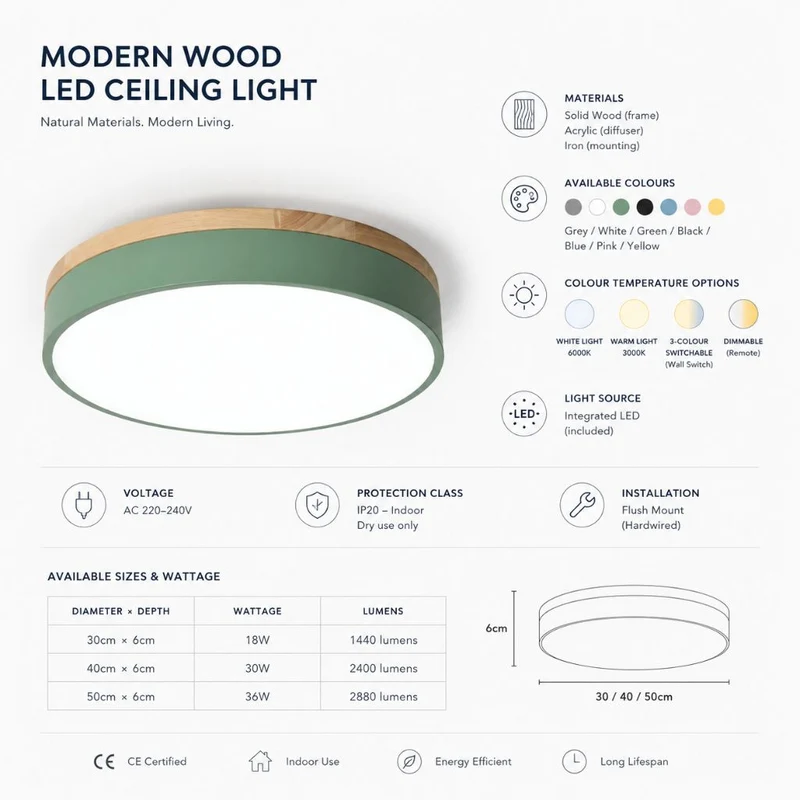 Ronde Houten Plafondlamp met LED Verlichting 30-50cm Dimbaar Warm Wit Licht voor Woonkamer Slaapkamer Eetkamer | Sansoti
