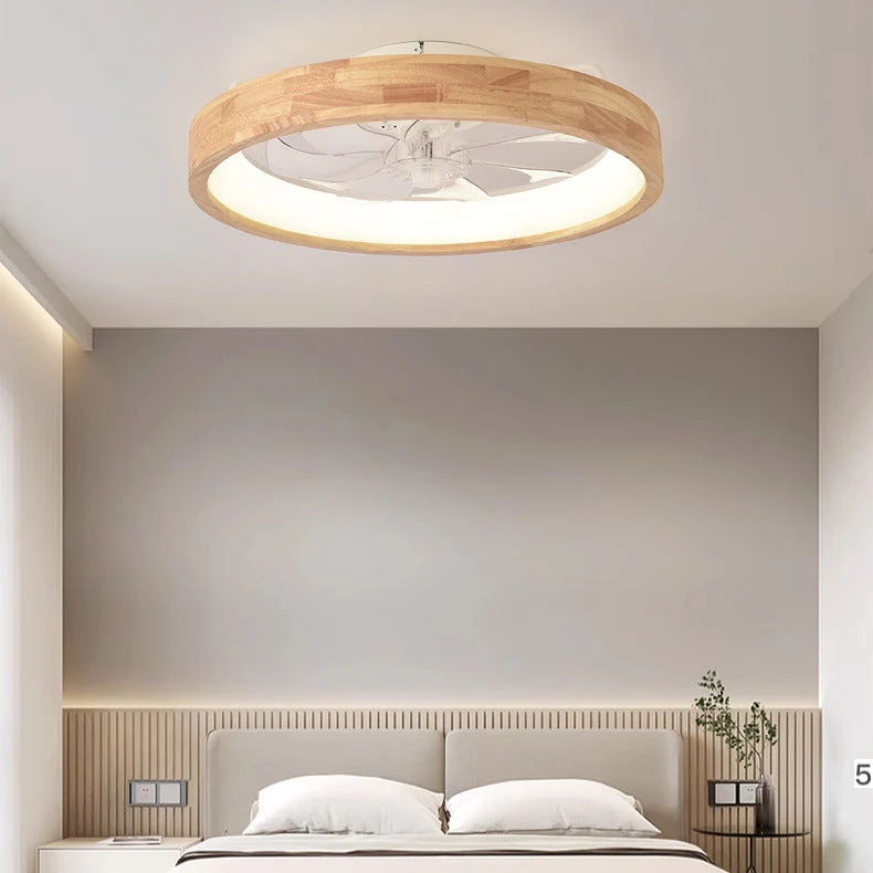 Plafondventilator met LED Verlichting Rond Massief Hout Dimbaar Japans Design voor Slaapkamer en Woonkamer | Sansoti