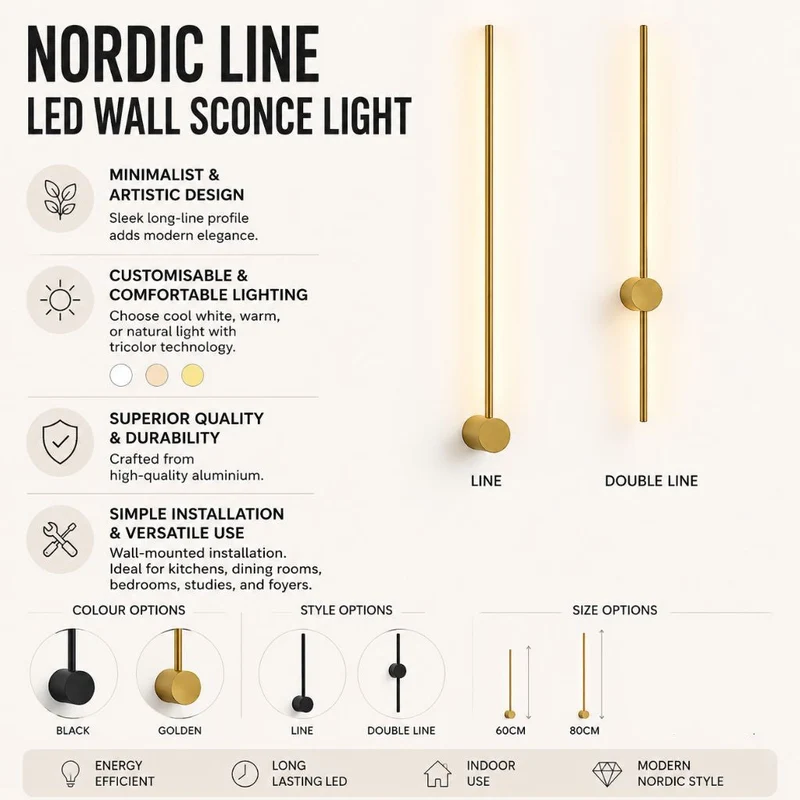 Minimalistische LED Wandlamp Aluminium 60-80cm Zwart Goud Woonkamer Slaapkamer Hal Modern Strak Design | Sansoti