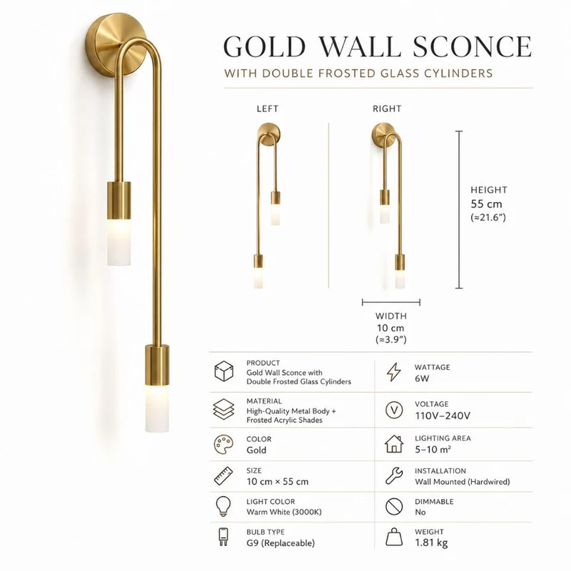 Wandlamp Goud met Dubbele Matte Glazen Cilinders 55cm Warm Wit Licht Verticaal Modern Design Woonkamer | Sansoti