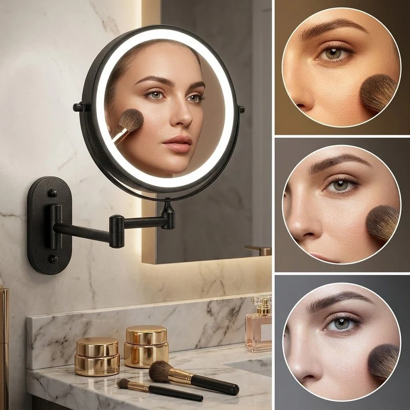 Oplaadbare LED Make-upspiegel Zwart 20cm Verstelbare Arm 360° Draaibaar Wandmontage Touch Bediening Badkamer | Sansoti