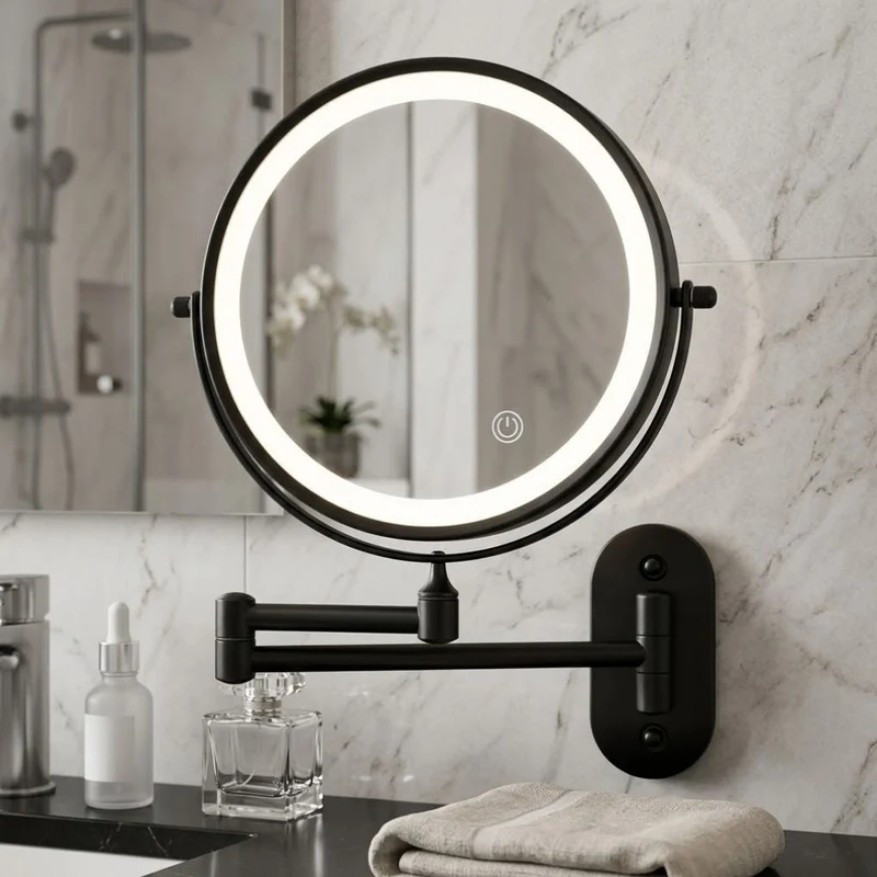Oplaadbare LED Make-upspiegel Zwart 20cm Verstelbare Arm 360° Draaibaar Wandmontage Touch Bediening Badkamer | Sansoti