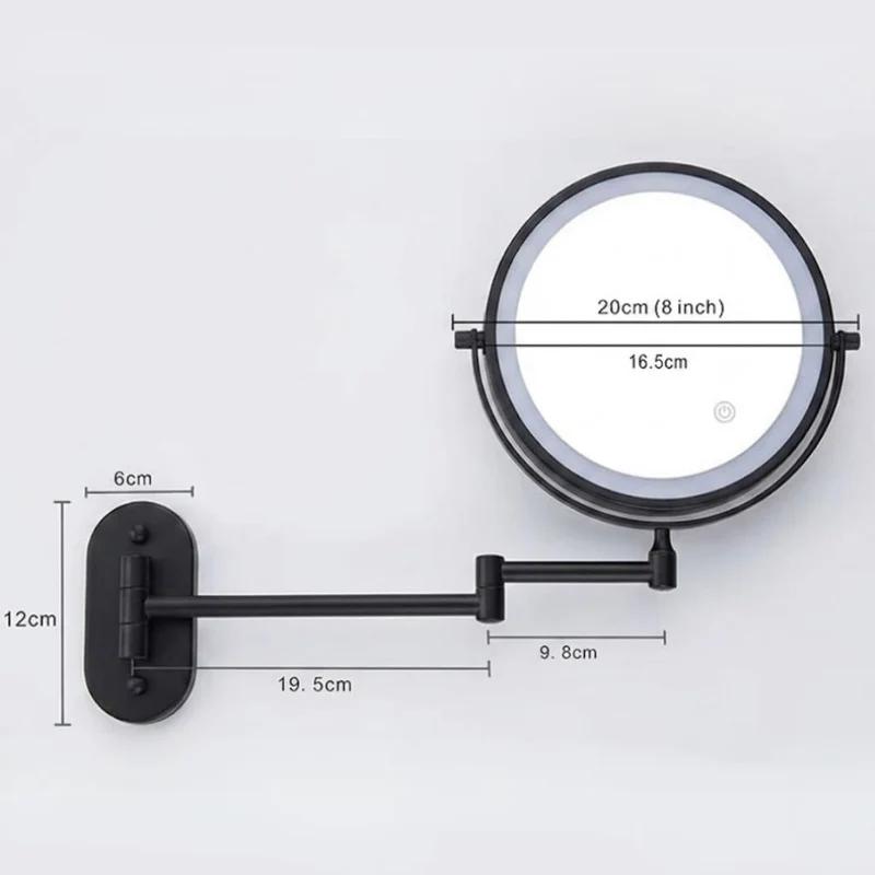 Oplaadbare LED Make-upspiegel Zwart 20cm Verstelbare Arm 360° Draaibaar Wandmontage Touch Bediening Badkamer | Sansoti