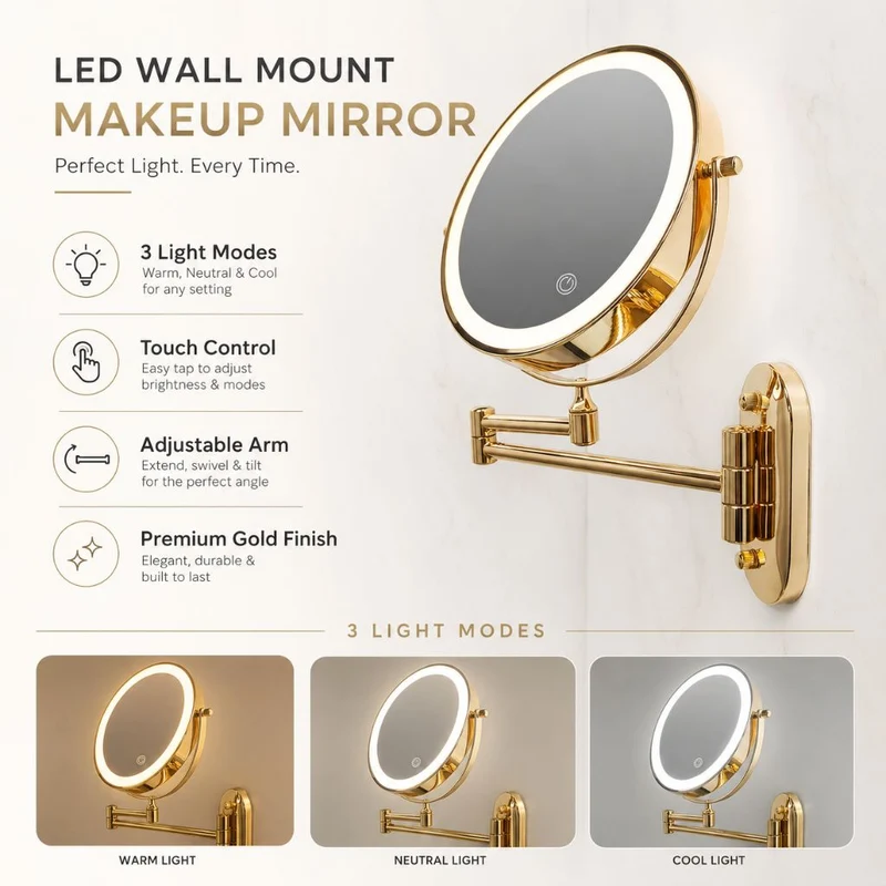 Vergrotende Wandspiegel Goud met LED Verlichting Oplaadbaar 360° Draaibaar voor Make-up Badkamer Scheerapparaat | Sansoti