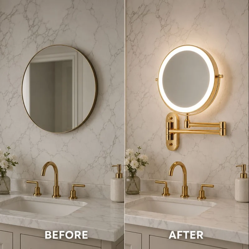 Vergrotende Wandspiegel Goud met LED Verlichting Oplaadbaar 360° Draaibaar voor Make-up Badkamer Scheerapparaat | Sansoti