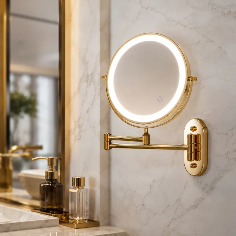 Vergrotende Wandspiegel Goud met LED Verlichting Oplaadbaar 360° Draaibaar voor Make-up Badkamer Scheerapparaat | Sansoti