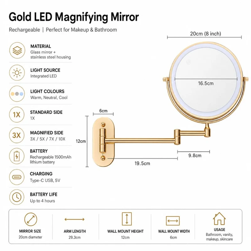 Vergrotende Wandspiegel Goud met LED Verlichting Oplaadbaar 360° Draaibaar voor Make-up Badkamer Scheerapparaat | Sansoti