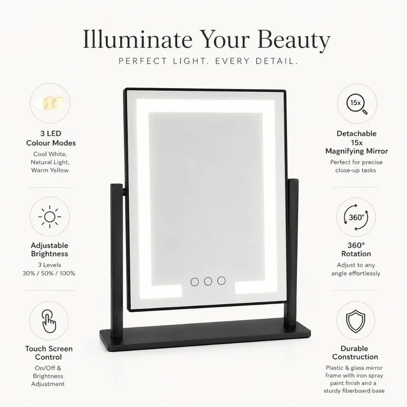 Verlichte Make-up Spiegel 15x Vergroting LED Touch Dimbaar 360° Draaibaar Cosmetica Tafelspiegel Badkamer | Sansoti