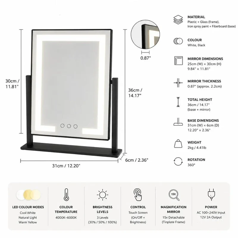 Verlichte Make-up Spiegel 15x Vergroting LED Touch Dimbaar 360° Draaibaar Cosmetica Tafelspiegel Badkamer | Sansoti