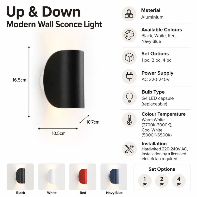 Aluminium Wandlamp Draaibaar Boven Beneden LED G4 Fitting Zwart Wit Rood Navy Moderne Wandverlichting | Sansoti