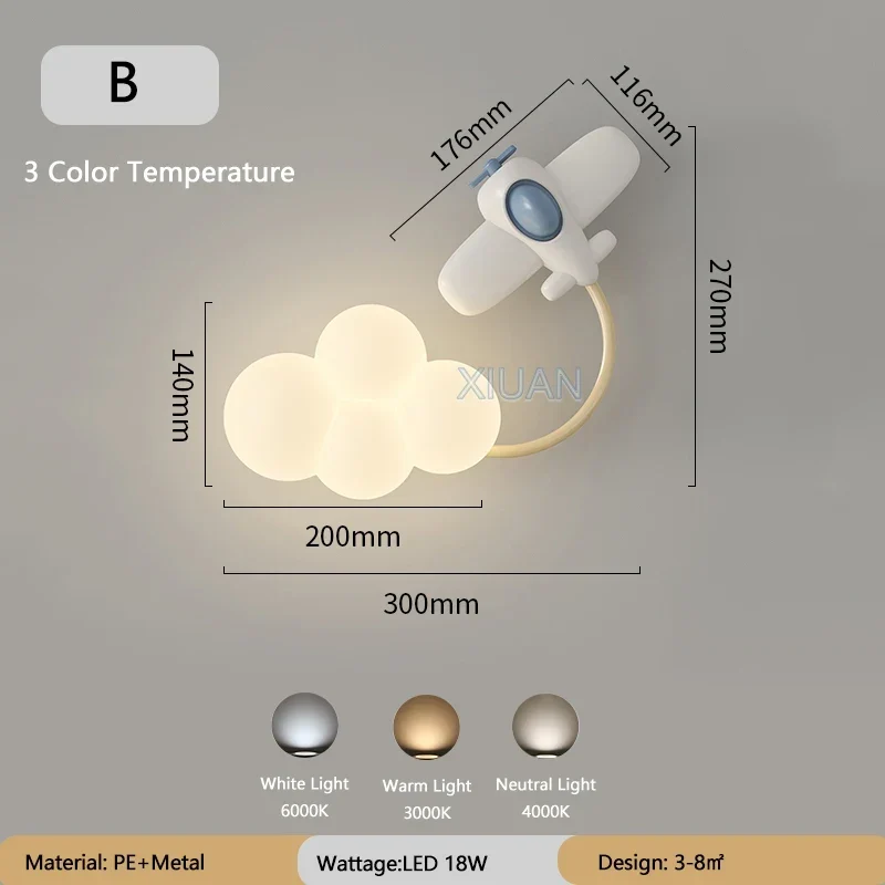 LED Wandlamp Kinderkamer met Vliegtuig Wolk Regenboog Ster Motief Drie Lichttemperaturen Dimbaar Sfeerlicht | Sansoti