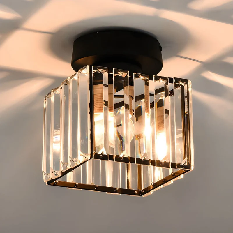 Plafondlamp Vierkant Kristalglas 17cm Messing E27 Fitting Goud Zwart Modern Interieur Woonkamer Slaapkamer | Sansoti