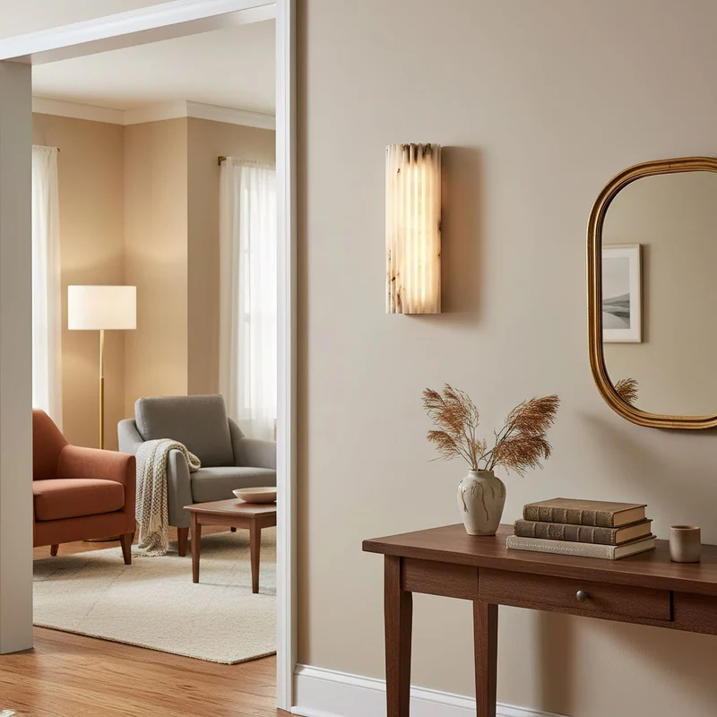 Alabaster Wandlamp Natuursteen – Geribbeld Design – Warm Licht – Scandinavische Stijl | Sansoti
