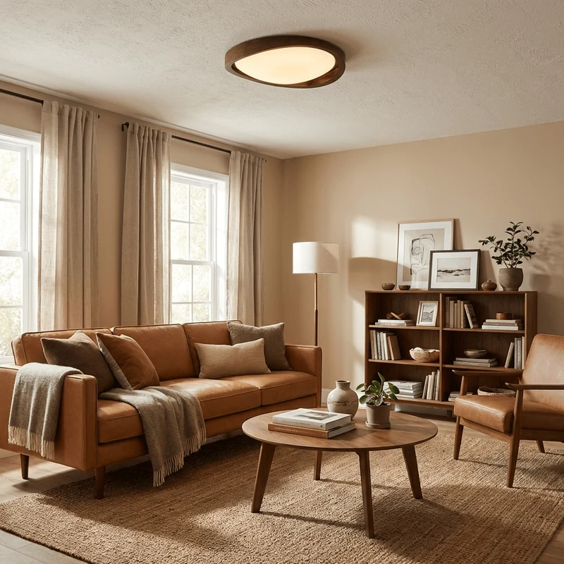 Houten Plafondlamp met Gebogen Rand – Scandinavisch Design met Walnoot Afwerking & Warme Verlichting voor Woonkamer Slaapkamer | Sansoti