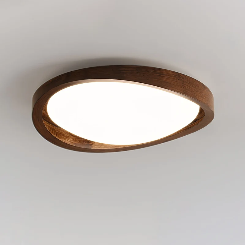 Houten Plafondlamp met Gebogen Rand – Scandinavisch Design met Walnoot Afwerking & Warme Verlichting voor Woonkamer Slaapkamer | Sansoti