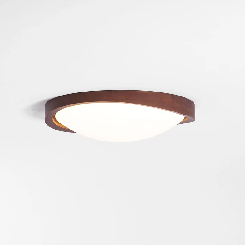Houten Plafondlamp met Gebogen Rand – Scandinavisch Design met Walnoot Afwerking & Warme Verlichting voor Woonkamer Slaapkamer | Sansoti