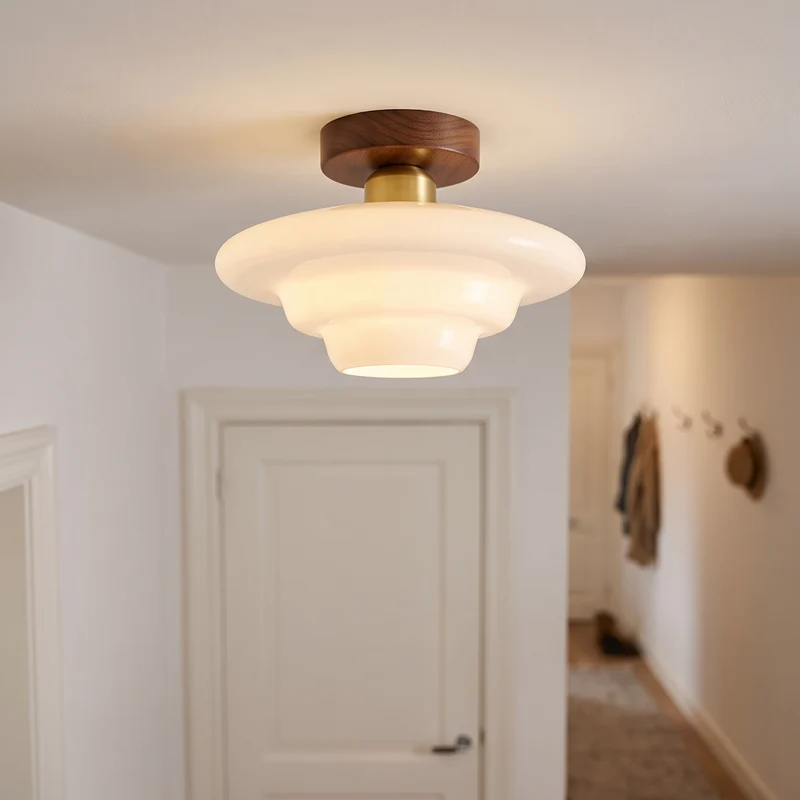Plafondlamp Gang Hout Walnoot ⌀ 28-32 cm Glas E27 Opbouw Hal Entree | Sansoti