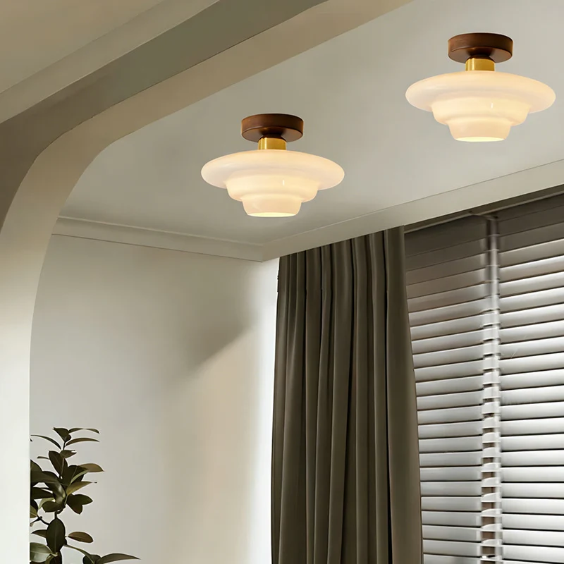 Plafondlamp Walnoot Hout Glas Scandinavisch E27 Hal Gang Keuken Eetkamer Nordic Naturel Koper | Sansoti
