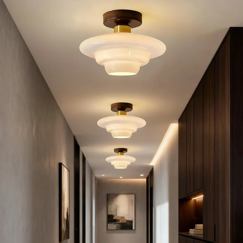 Plafondlamp Walnoot Hout Glas Scandinavisch E27 Hal Gang Keuken Eetkamer Nordic Naturel Koper | Sansoti