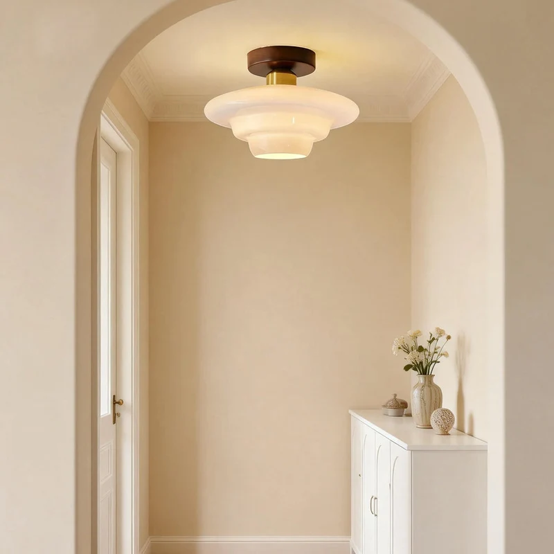 Plafondlamp Walnoot Hout Glas Scandinavisch E27 Hal Gang Keuken Eetkamer Nordic Naturel Koper | Sansoti