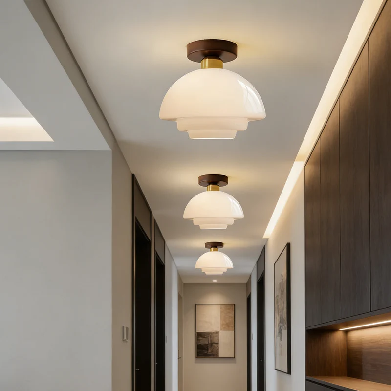 Plafondlamp Walnoot Hout Glas Scandinavisch E27 Hal Gang Keuken Eetkamer Nordic Naturel Koper | Sansoti