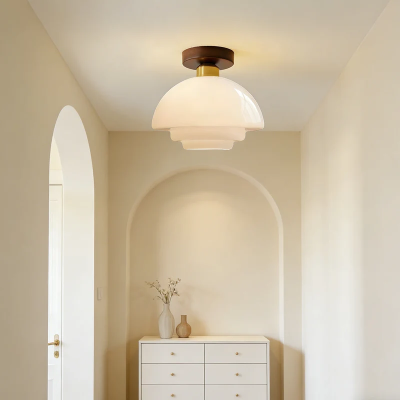 Plafondlamp Walnoot Hout Glas Scandinavisch E27 Hal Gang Keuken Eetkamer Nordic Naturel Koper | Sansoti