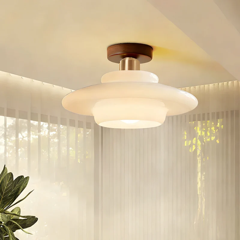 Plafondlamp Walnoot Hout Glas Scandinavisch E27 Hal Gang Keuken Eetkamer Nordic Naturel Koper | Sansoti