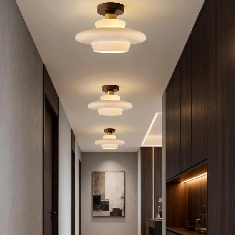 Plafondlamp Walnoot Hout Glas Scandinavisch E27 Hal Gang Keuken Eetkamer Nordic Naturel Koper | Sansoti